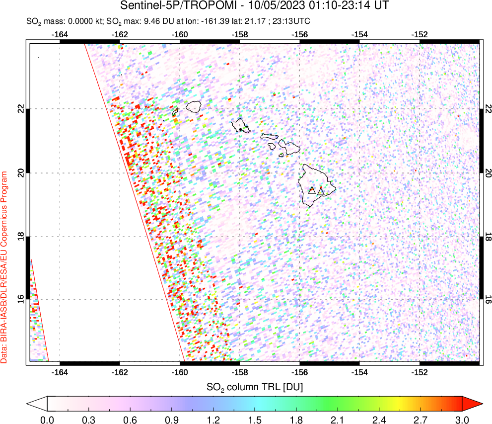 A sulfur dioxide image over Hawaii, USA on Oct 05, 2023.