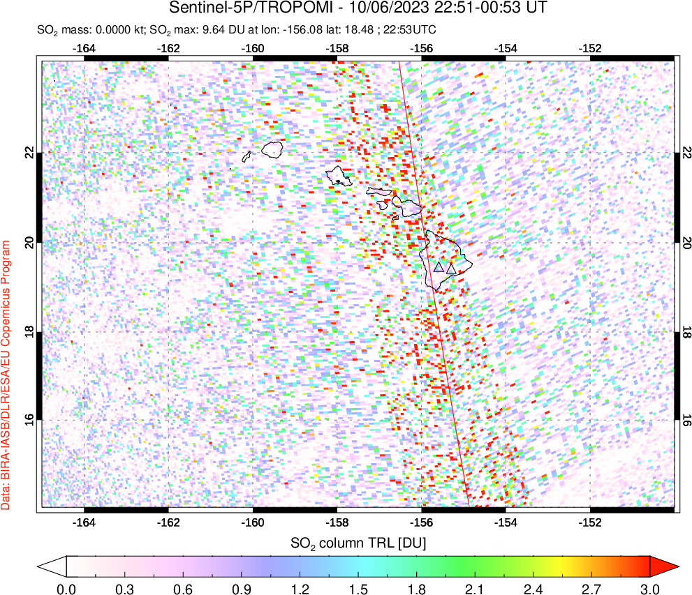 A sulfur dioxide image over Hawaii, USA on Oct 06, 2023.