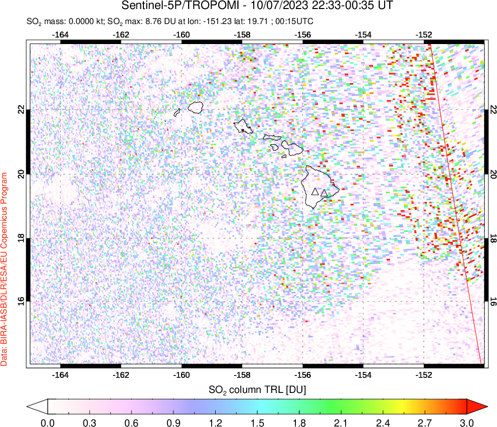 A sulfur dioxide image over Hawaii, USA on Oct 07, 2023.