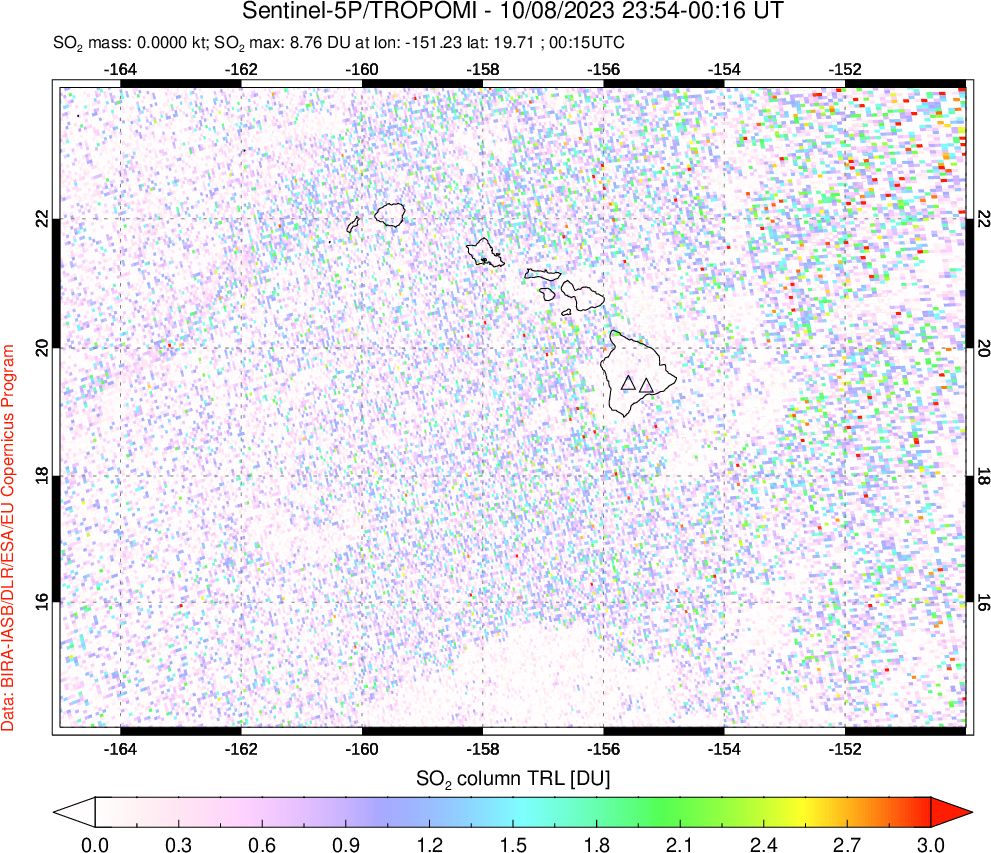 A sulfur dioxide image over Hawaii, USA on Oct 08, 2023.