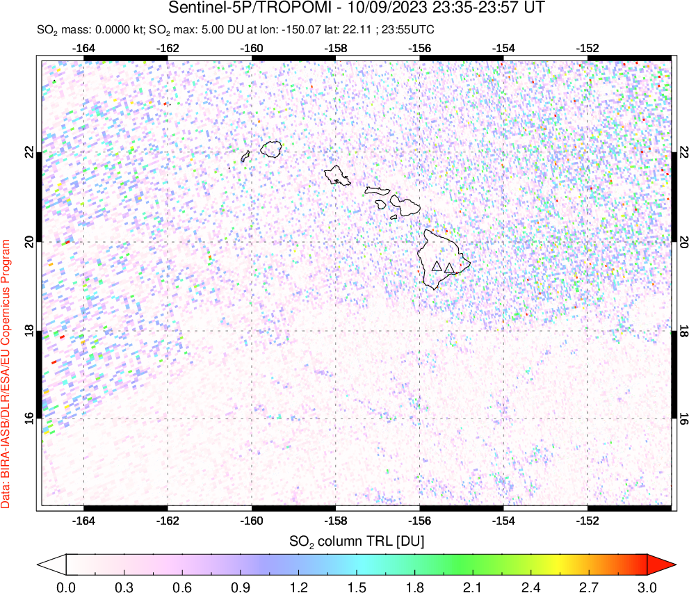 A sulfur dioxide image over Hawaii, USA on Oct 09, 2023.