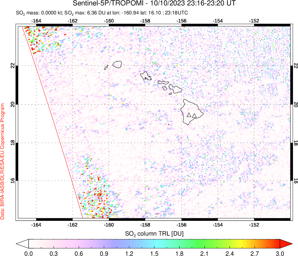 A sulfur dioxide image over Hawaii, USA on Oct 10, 2023.