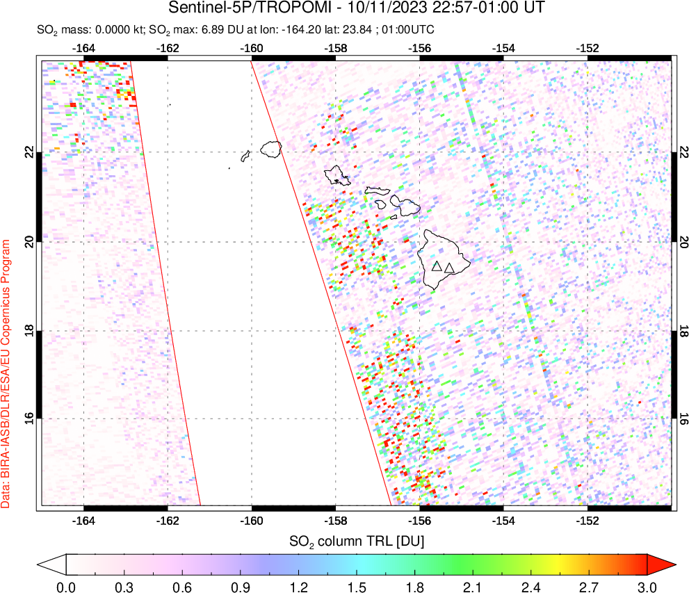 A sulfur dioxide image over Hawaii, USA on Oct 11, 2023.