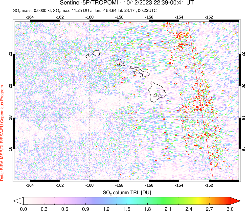 A sulfur dioxide image over Hawaii, USA on Oct 12, 2023.