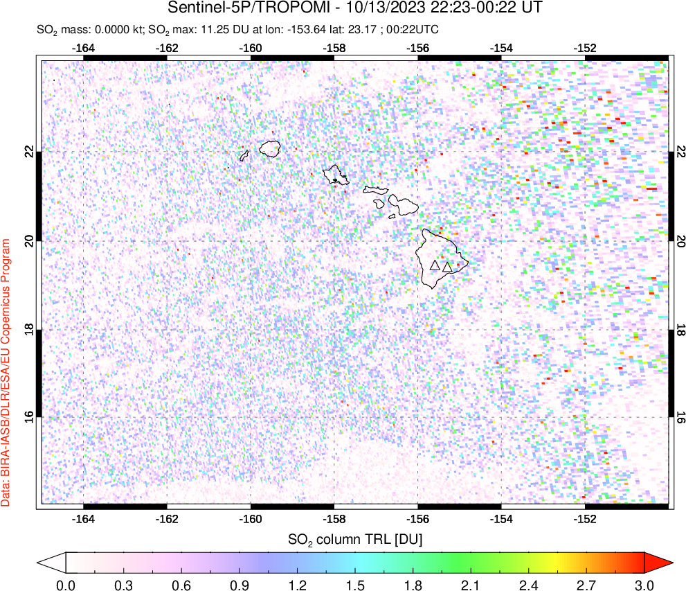 A sulfur dioxide image over Hawaii, USA on Oct 13, 2023.