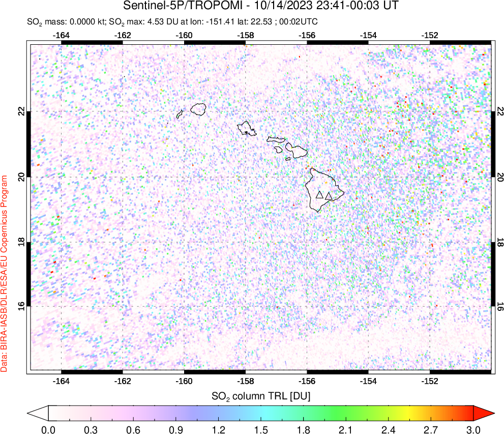 A sulfur dioxide image over Hawaii, USA on Oct 14, 2023.