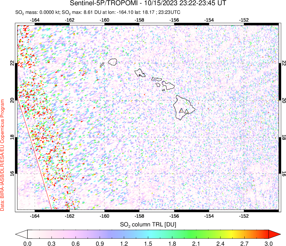 A sulfur dioxide image over Hawaii, USA on Oct 15, 2023.