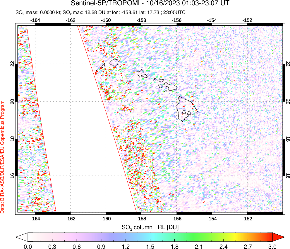 A sulfur dioxide image over Hawaii, USA on Oct 16, 2023.