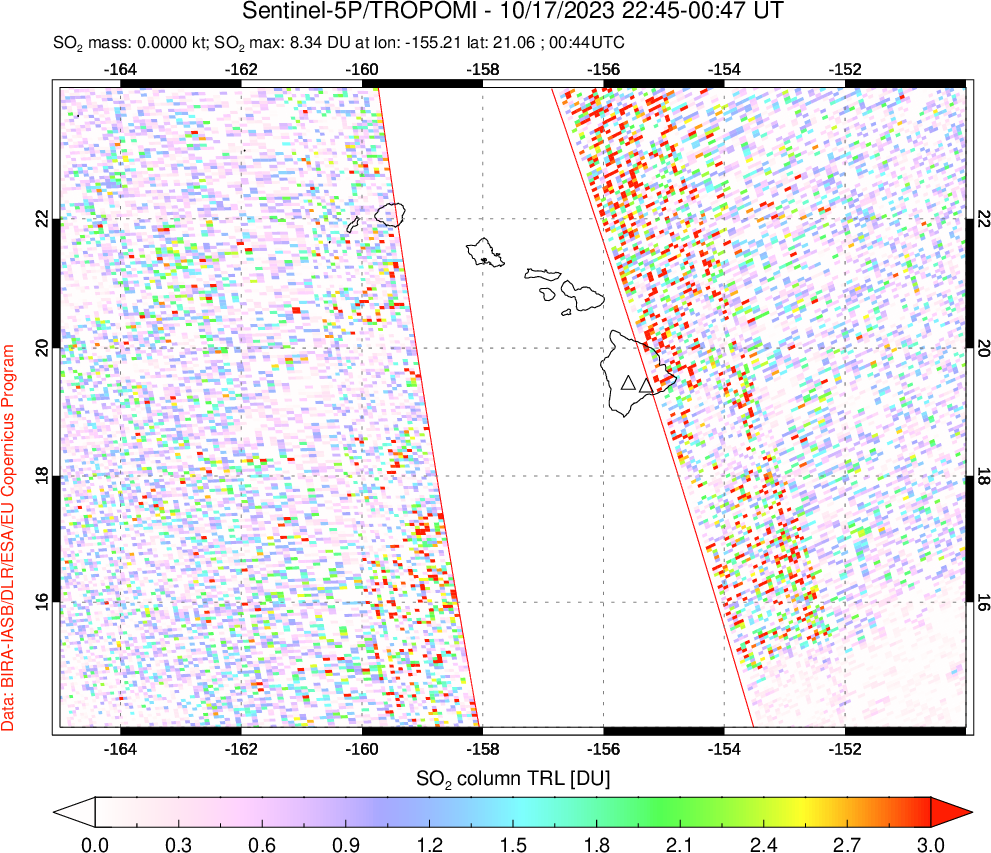 A sulfur dioxide image over Hawaii, USA on Oct 17, 2023.