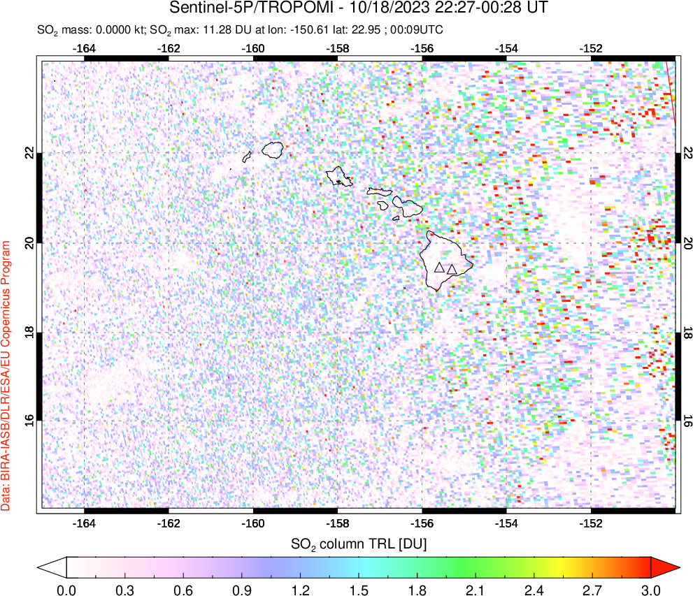 A sulfur dioxide image over Hawaii, USA on Oct 18, 2023.