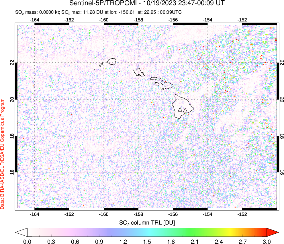 A sulfur dioxide image over Hawaii, USA on Oct 19, 2023.