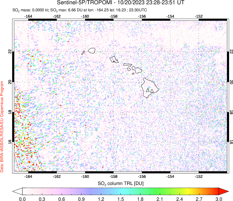 A sulfur dioxide image over Hawaii, USA on Oct 20, 2023.