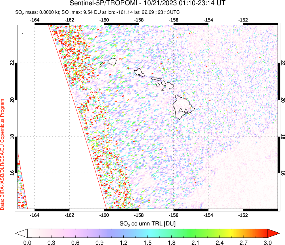 A sulfur dioxide image over Hawaii, USA on Oct 21, 2023.