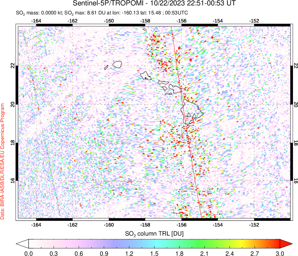 A sulfur dioxide image over Hawaii, USA on Oct 22, 2023.