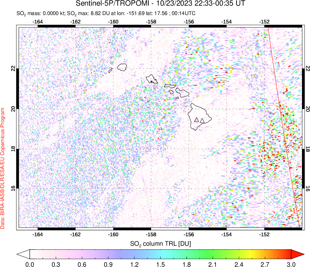 A sulfur dioxide image over Hawaii, USA on Oct 23, 2023.