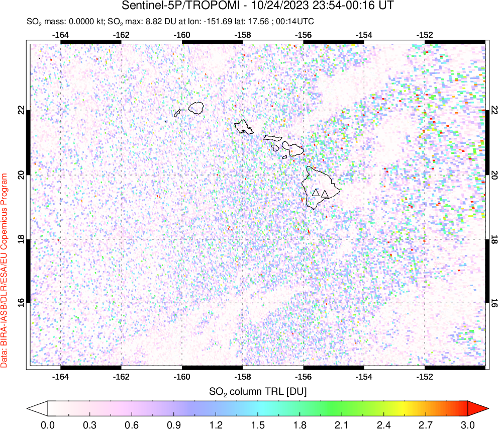 A sulfur dioxide image over Hawaii, USA on Oct 24, 2023.