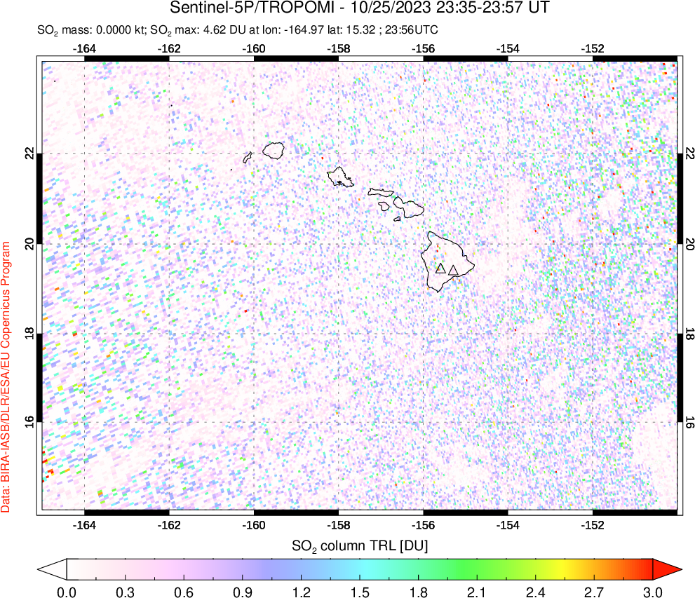 A sulfur dioxide image over Hawaii, USA on Oct 25, 2023.