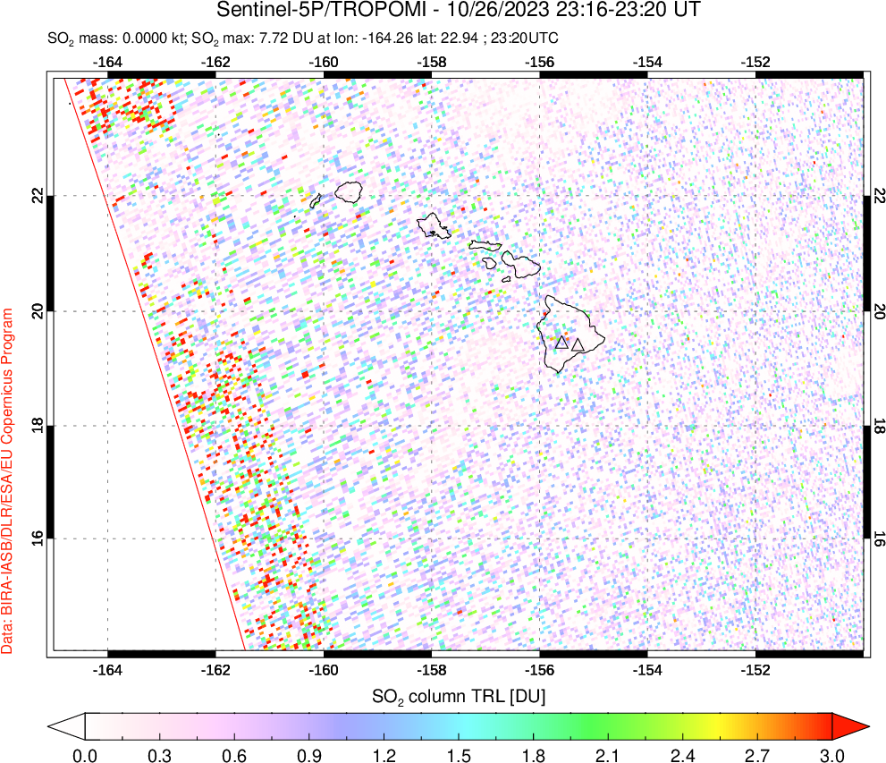 A sulfur dioxide image over Hawaii, USA on Oct 26, 2023.