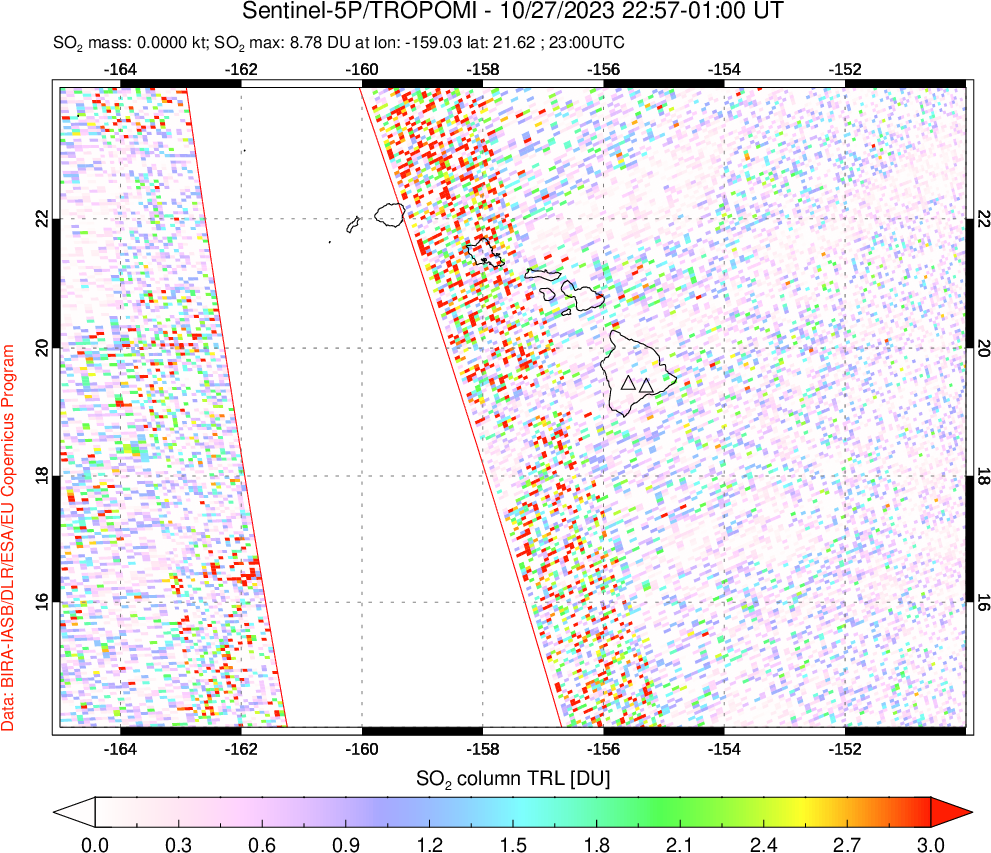 A sulfur dioxide image over Hawaii, USA on Oct 27, 2023.