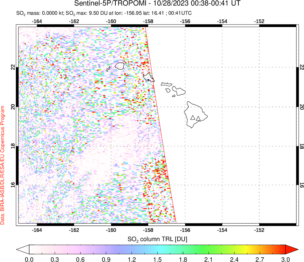 A sulfur dioxide image over Hawaii, USA on Oct 28, 2023.