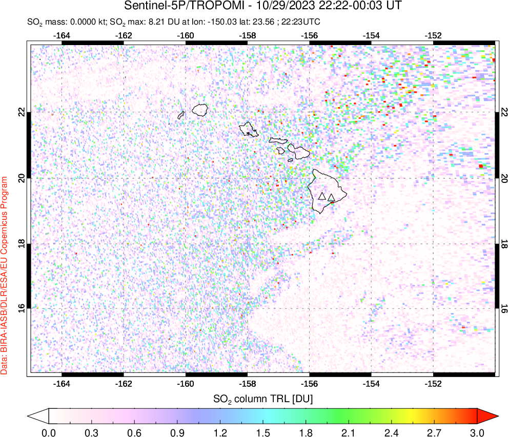 A sulfur dioxide image over Hawaii, USA on Oct 29, 2023.