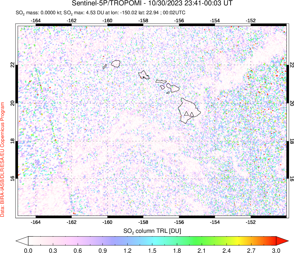 A sulfur dioxide image over Hawaii, USA on Oct 30, 2023.