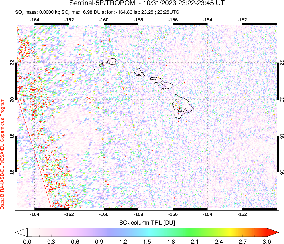 A sulfur dioxide image over Hawaii, USA on Oct 31, 2023.