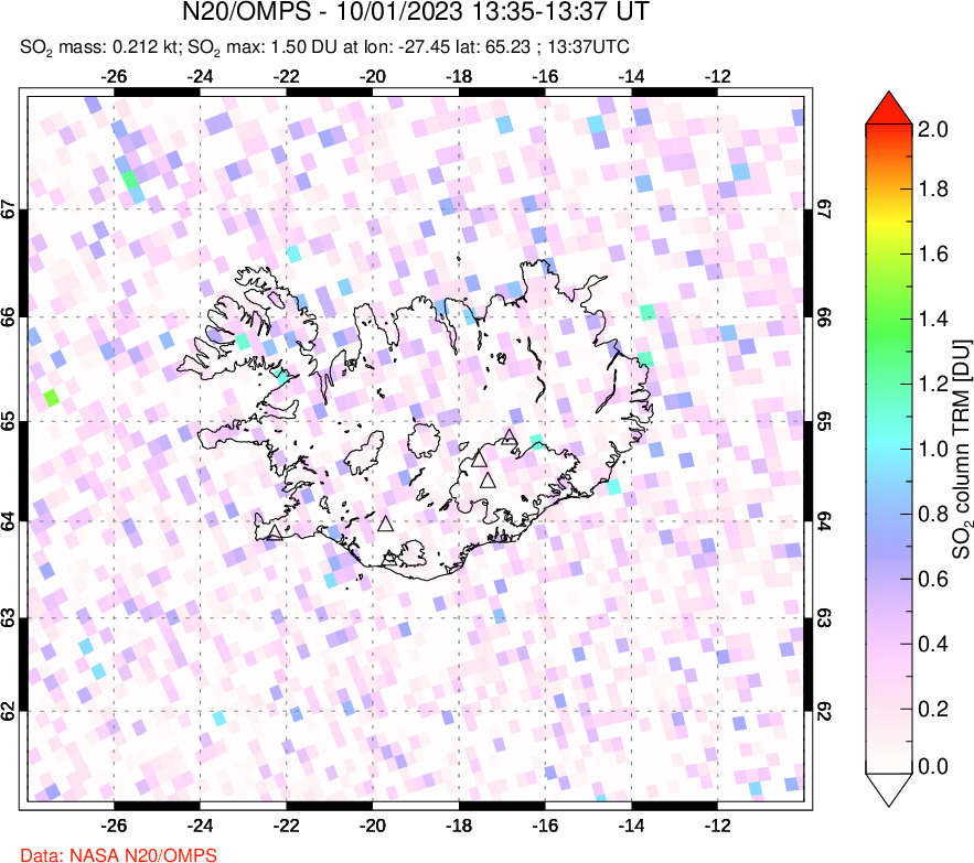 A sulfur dioxide image over Iceland on Oct 01, 2023.