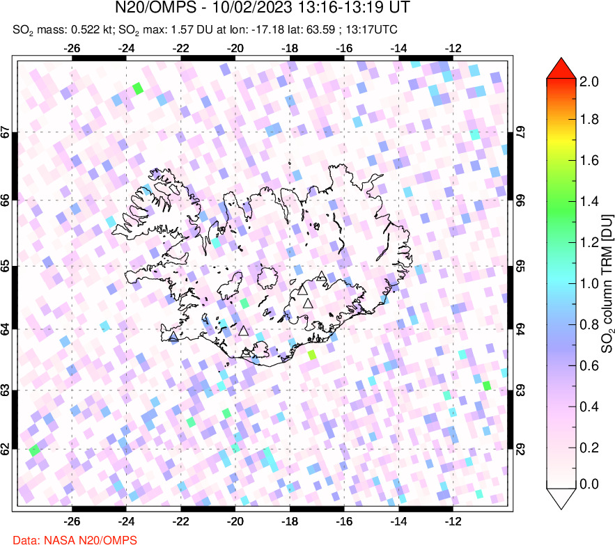 A sulfur dioxide image over Iceland on Oct 02, 2023.