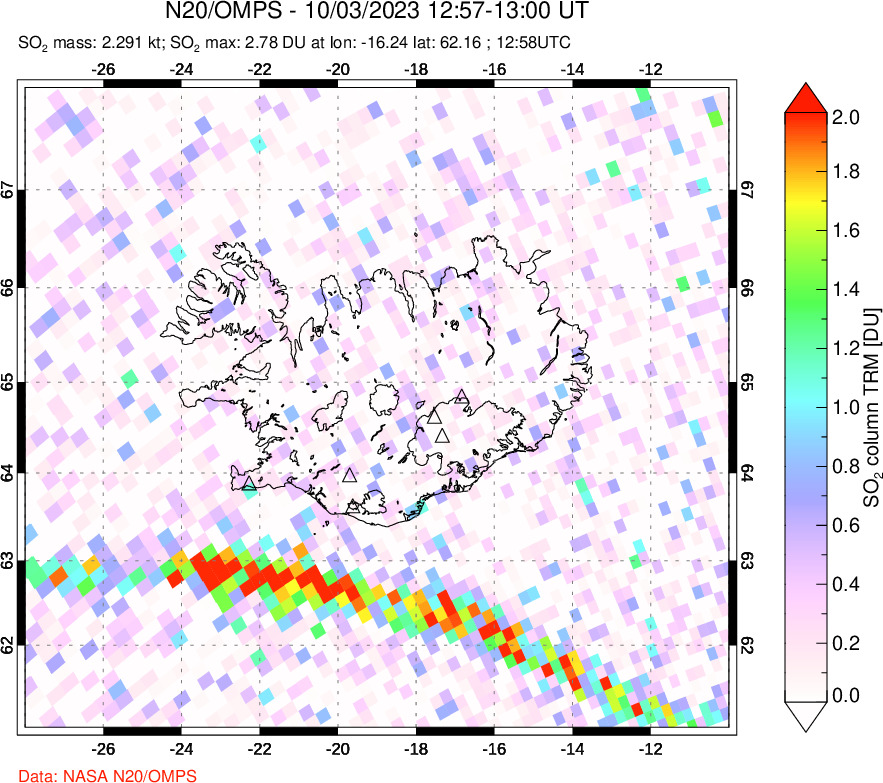 A sulfur dioxide image over Iceland on Oct 03, 2023.