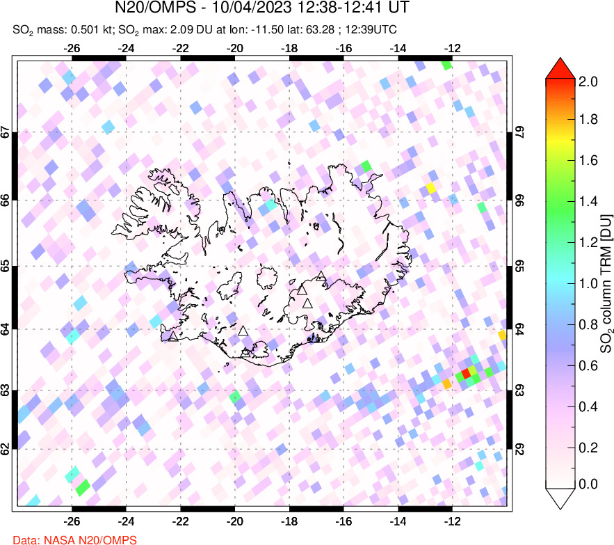 A sulfur dioxide image over Iceland on Oct 04, 2023.