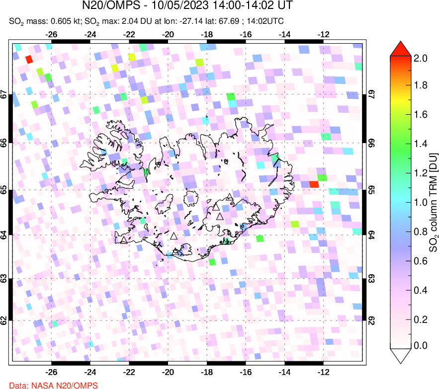 A sulfur dioxide image over Iceland on Oct 05, 2023.