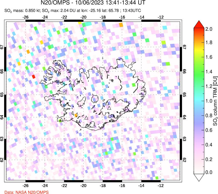 A sulfur dioxide image over Iceland on Oct 06, 2023.