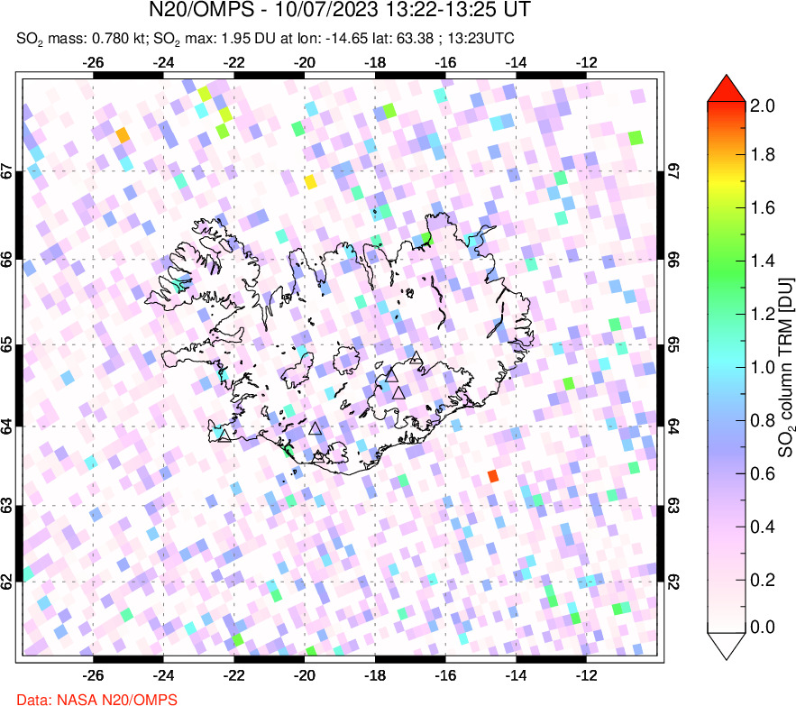 A sulfur dioxide image over Iceland on Oct 07, 2023.