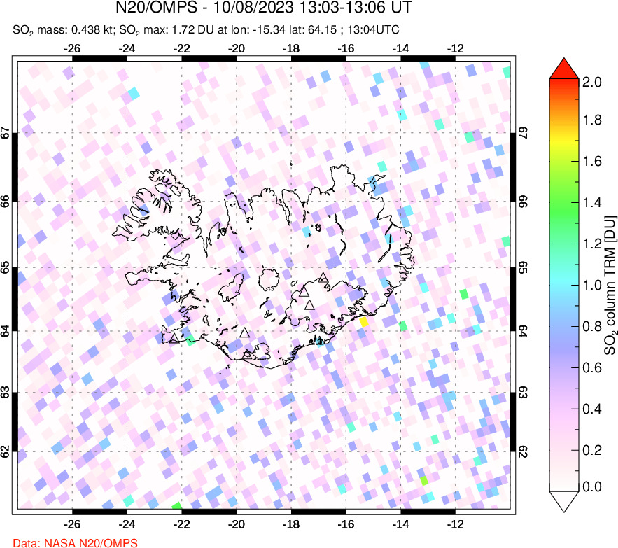 A sulfur dioxide image over Iceland on Oct 08, 2023.