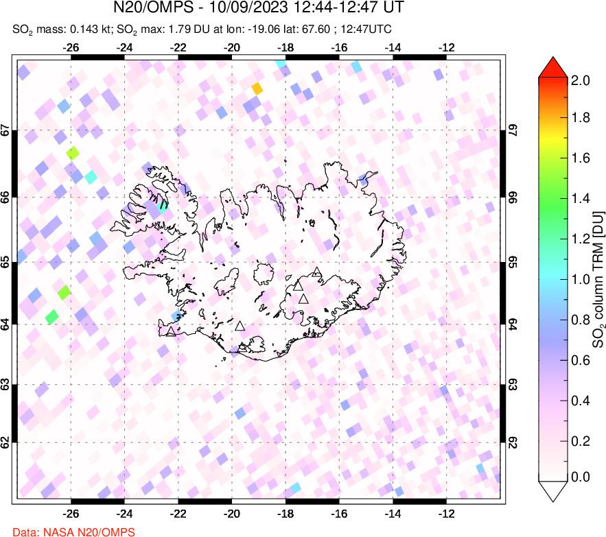 A sulfur dioxide image over Iceland on Oct 09, 2023.