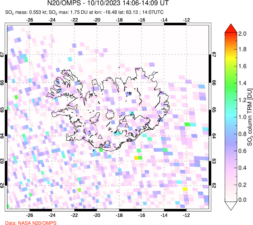 A sulfur dioxide image over Iceland on Oct 10, 2023.