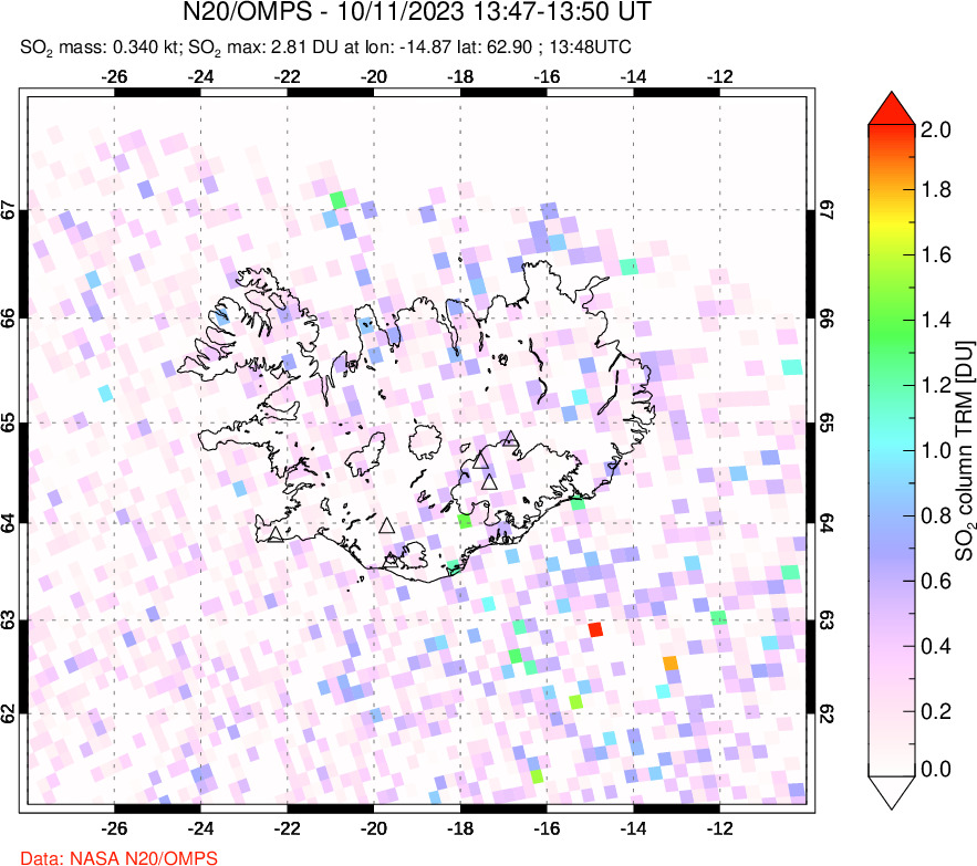 A sulfur dioxide image over Iceland on Oct 11, 2023.