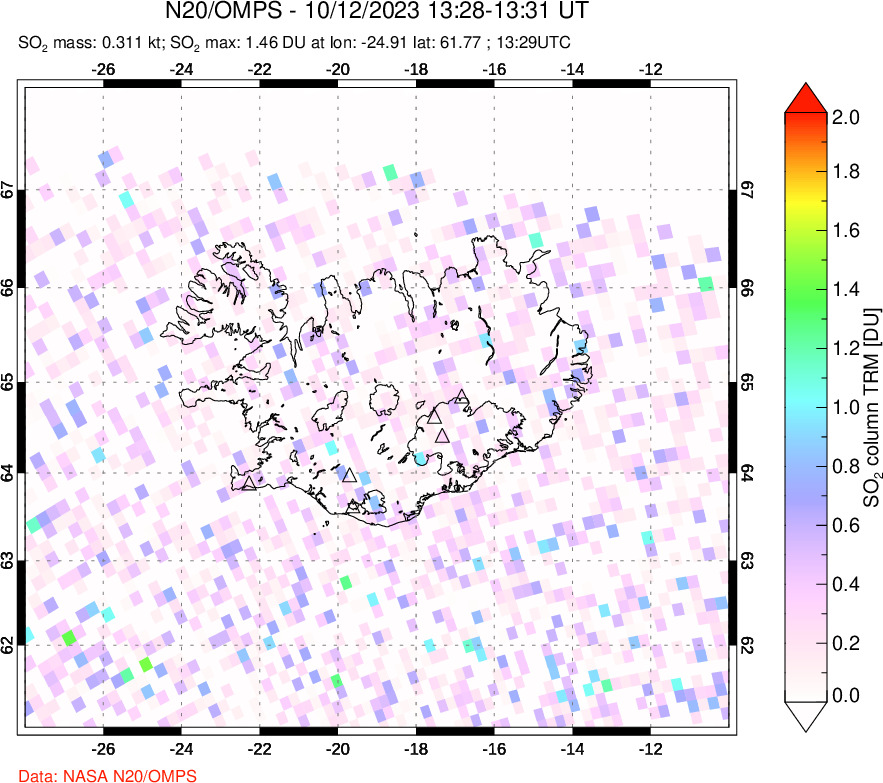 A sulfur dioxide image over Iceland on Oct 12, 2023.