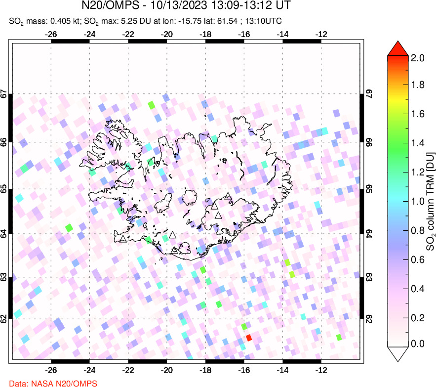 A sulfur dioxide image over Iceland on Oct 13, 2023.