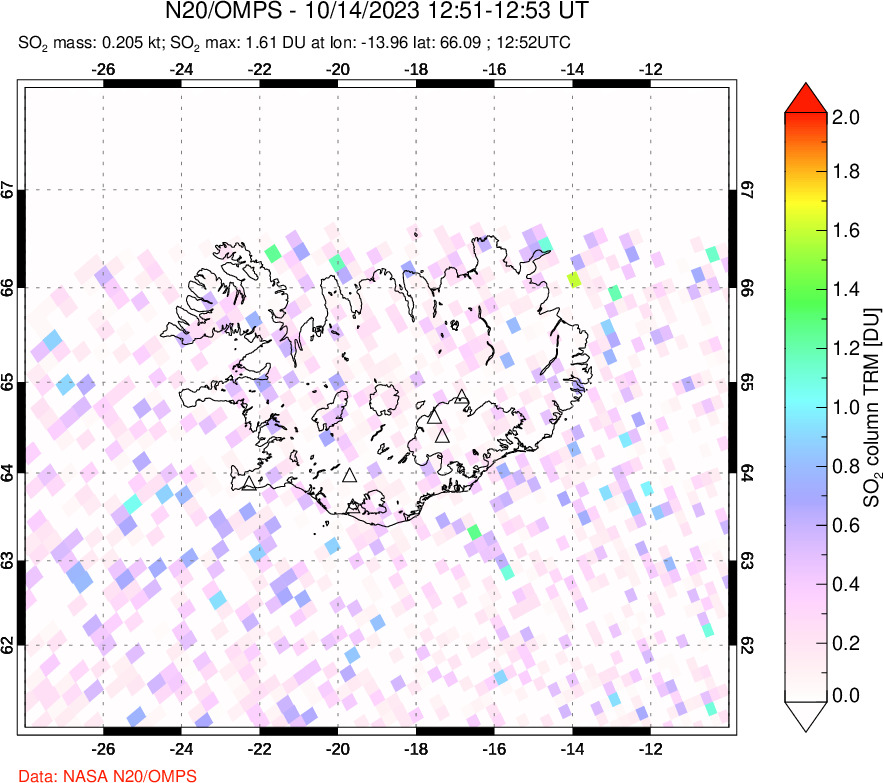 A sulfur dioxide image over Iceland on Oct 14, 2023.