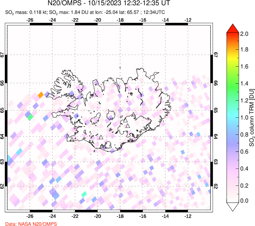 A sulfur dioxide image over Iceland on Oct 15, 2023.