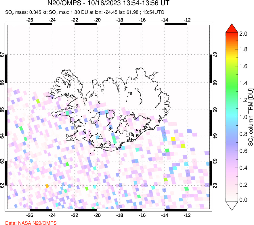 A sulfur dioxide image over Iceland on Oct 16, 2023.