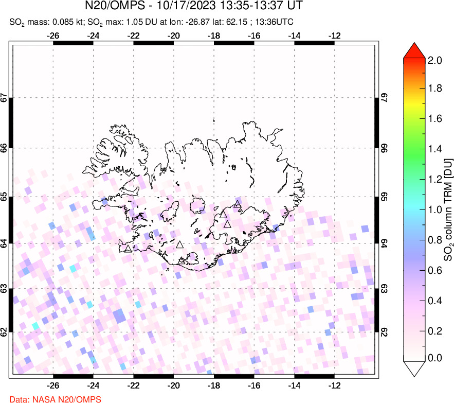 A sulfur dioxide image over Iceland on Oct 17, 2023.