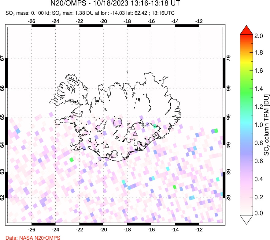 A sulfur dioxide image over Iceland on Oct 18, 2023.