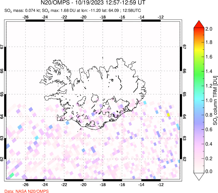 A sulfur dioxide image over Iceland on Oct 19, 2023.