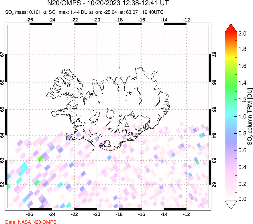 A sulfur dioxide image over Iceland on Oct 20, 2023.