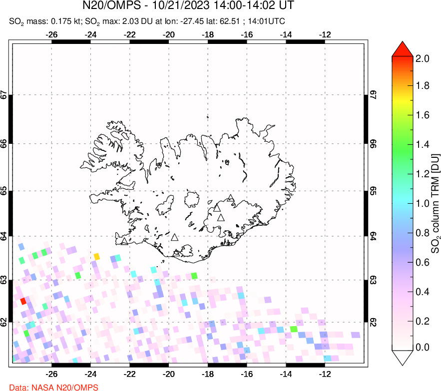 A sulfur dioxide image over Iceland on Oct 21, 2023.