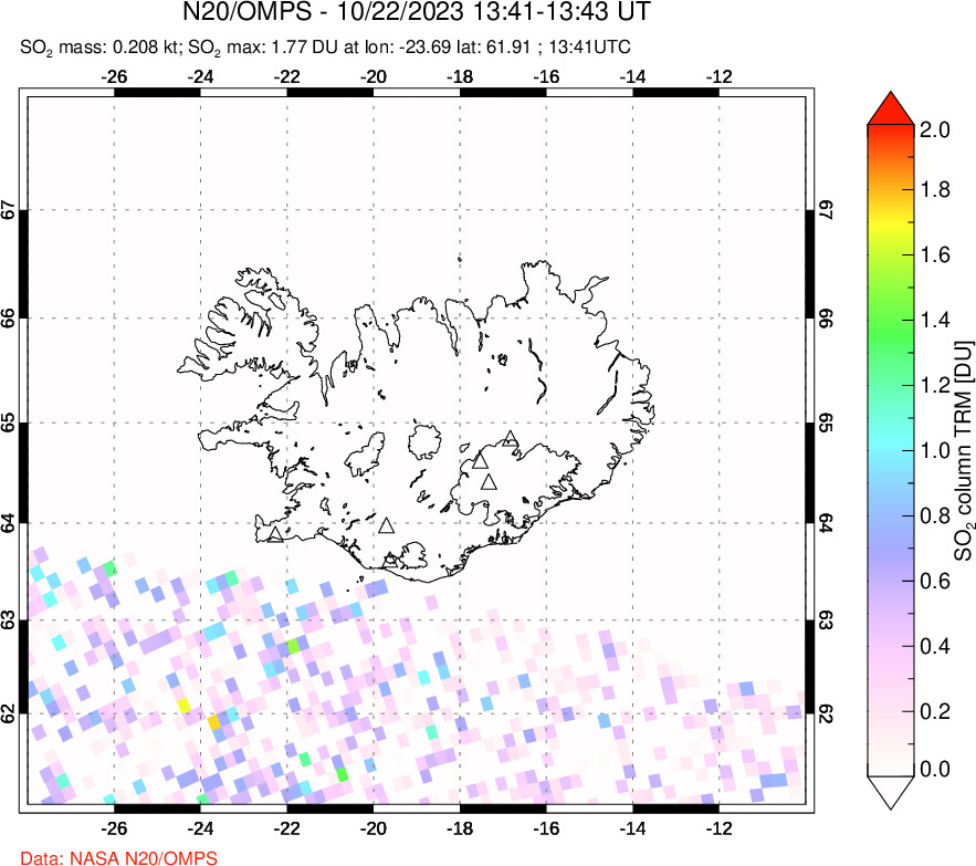 A sulfur dioxide image over Iceland on Oct 22, 2023.