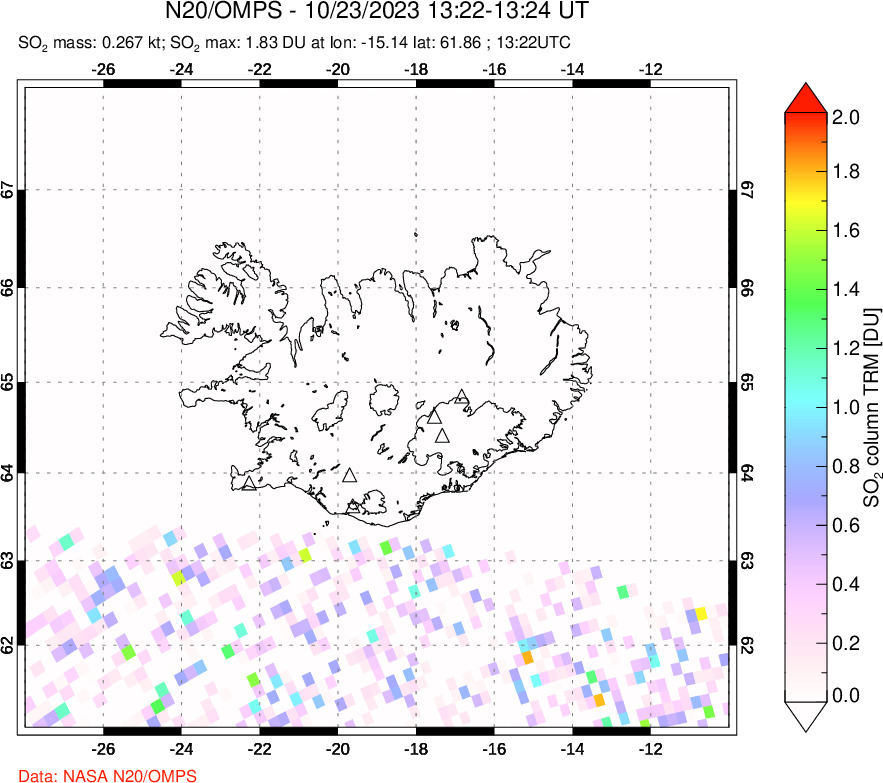 A sulfur dioxide image over Iceland on Oct 23, 2023.